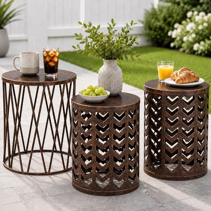 Y&M Set of 3 Black with Bronze End Tables, Nesting Metal Round Coffee Table, Heavy Duty Metal Plant Stand Garden Stool, Outdoor Multifunctional Use