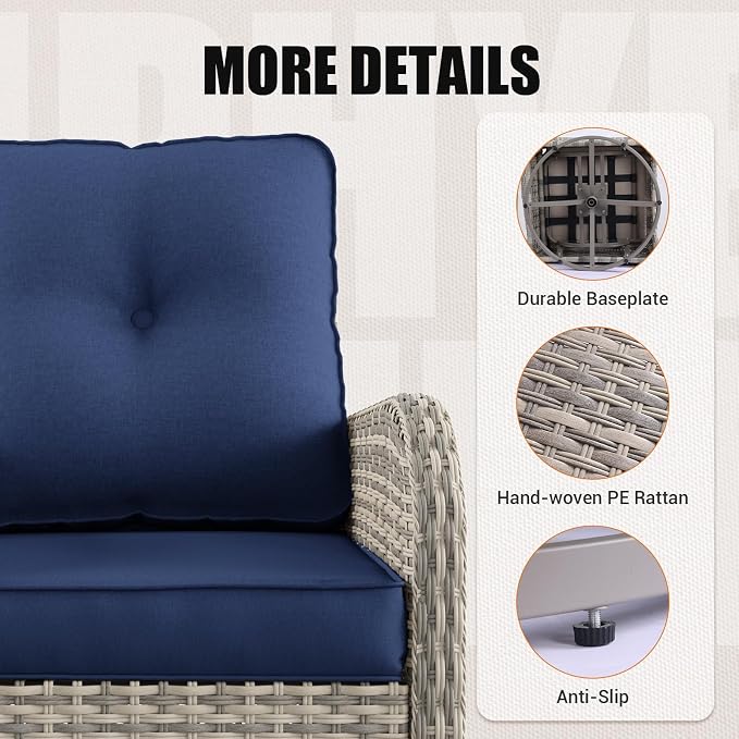6-Piece Patio Rocking Swivel Chair Outdoor Wicker Rattan Bistro Set with Tempered Glass Side Table, Outdoor Patio Furniture Set for Garden, Deck, and Balcony, Blue