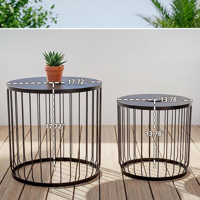 cinkehome Solar Outdoor Side Table Set of 2, All-Weather Metal Nesting Tables, Round End Table for Indoor, Patio, Poolside, Backyard, Matte Black