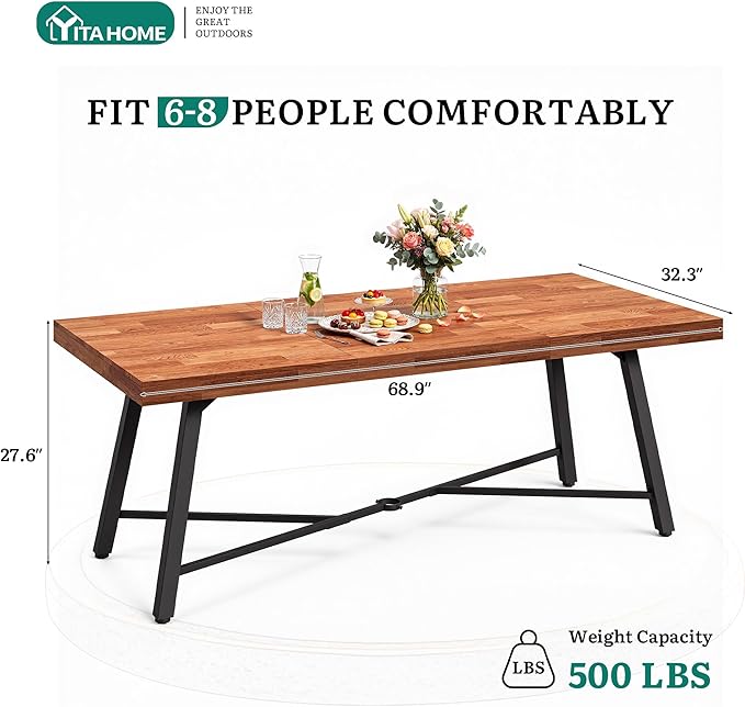 YITAHOME 68.9-Inch Rectangular Dinner Table, Solid Acacia Wood Dining Table with Metal Frame, Heavy Duty Outdoor Wood Rectangle Table for Patio, Garden, 500 LBS Capacity