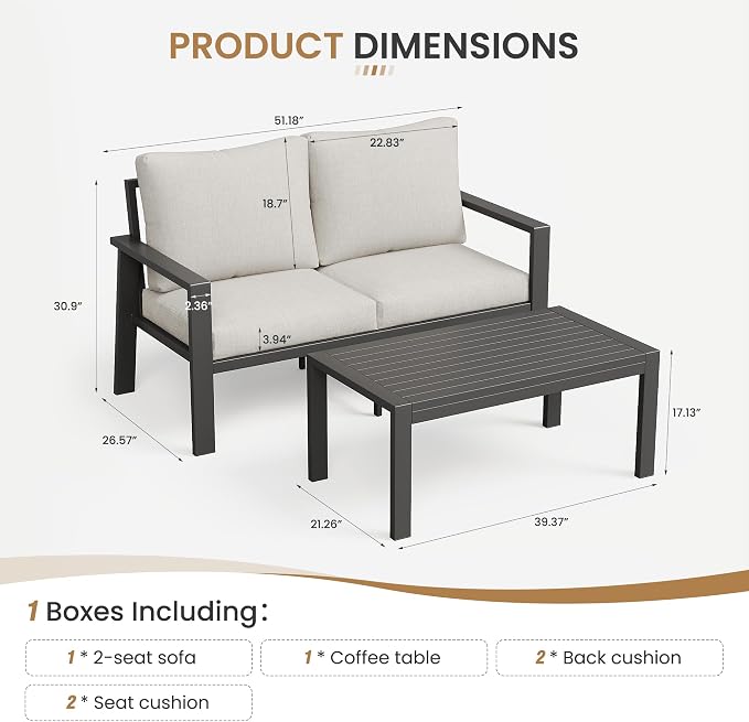 Aluminum Outdoor Loveseat with Coffee Table Small Furniture Patio Love Seat Couch Outdoor Chairs with 4" Cushion Loveseats Sofa for Poolside,Balcony,Deck,Yard