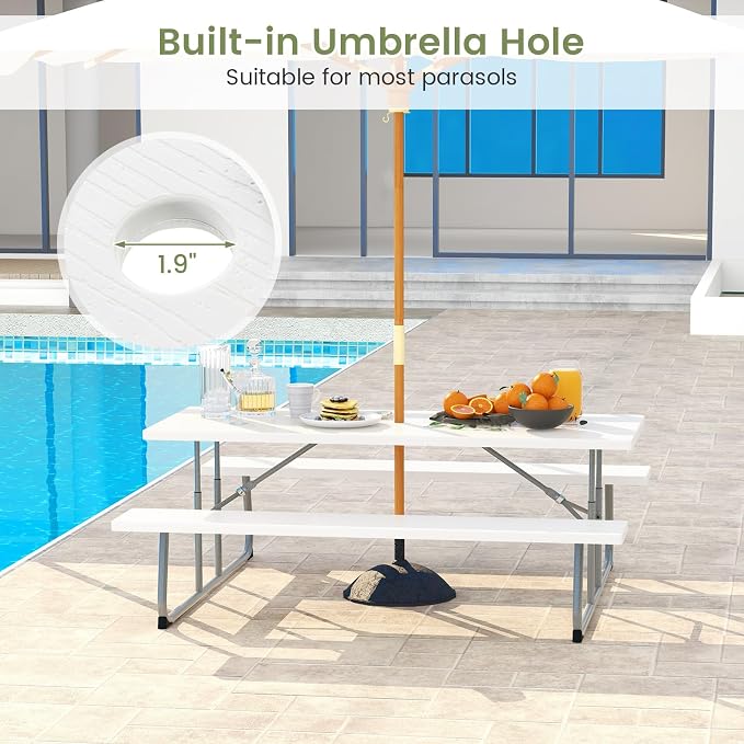 Giantex Folding Picnic Table - 6 FT Outdoor Table Bench Set for 8 Persons w/All-Weather HDPE Tabletop, Metal Leg, Umbrella Hole, Large Outside Dining Table for Patio Garden Yard Poolside (White)