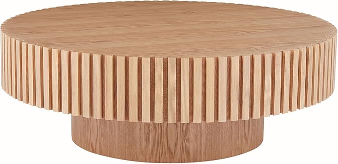 Round Coffee Table, Natural Wood, Modern Style, Slatted Base Design, Living Room Table (Ash, 31.49)