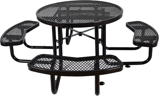 46" Round All Metal Picnic Table for 4-8 Person, Durable Heavy Duty Commercial Picnic Table with Umbrella Hole for Outdoor Coffee Shop, School, Easy to Assemble, Black