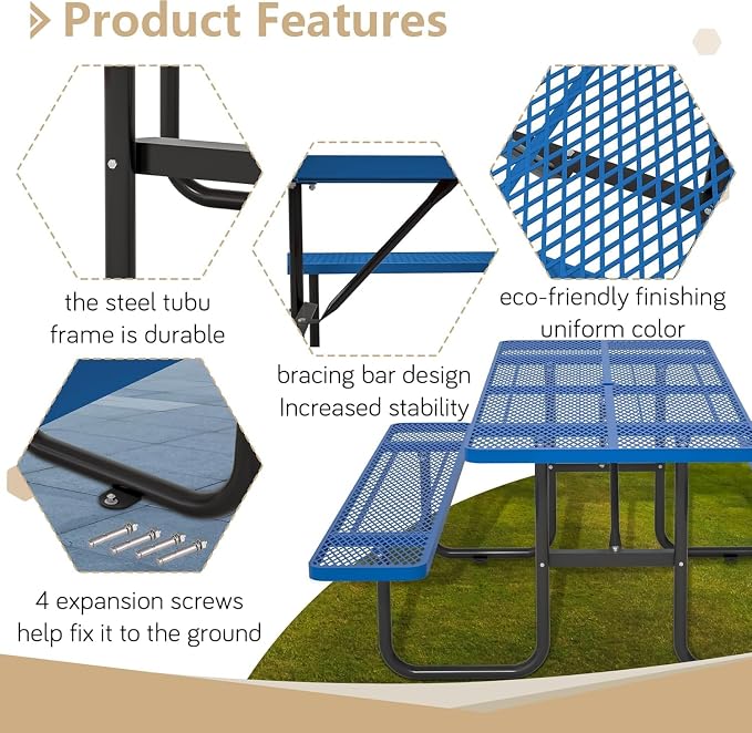 Coated Steel Heavy Duty Picnic Table for Outdoors 2200 lbs Load, Rectangular Camping Table with 1.78" Umbrella Hole, Commercial Picnic Table with Benches, Blue