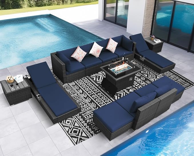 NICESOUL 13 Piece Patio Sectional w/Fire Pit, Modular Wicker Outdoor Couch w/Chaise Lounge, Large Size 29.3'' High-Back Deep Conversation Seating, All-Weather Backyard Movie Furniture, Grey & Blue