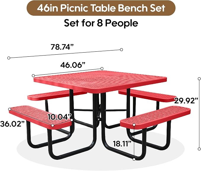 46" Square Picnic Table for Outside,Red Heavy Duty Metal Picnic Table Bench Set with 2in Umbrella Hole, 1600 lb Capacity,Commercial Dining Table Furniture for Garden Yard Patio Party Coffee Shop