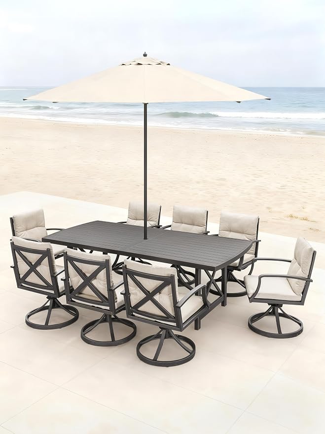 9 Pieces Patio Dining Set for 8, Never Rusts Aluminum Outdoor Swivel Dining Set, Outdoor Dining Set with Cushions, Patio Table and Chairs Furniture Sets for Deck, Garden, Yard, Gunmetal