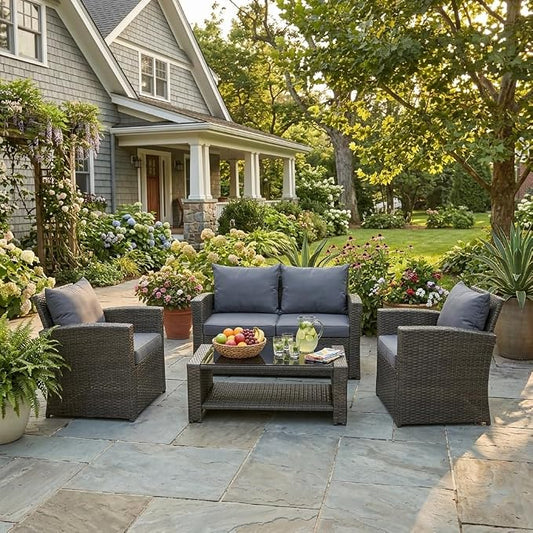 4 Pieces Outdoor Patio Furniture Set, PE Wicker Patio Conversation Set with Cushions and Tea Table, All-Weather Outside Rattan Sectional Sofa for Backyard,Porch, Garden, Balcony, Grey