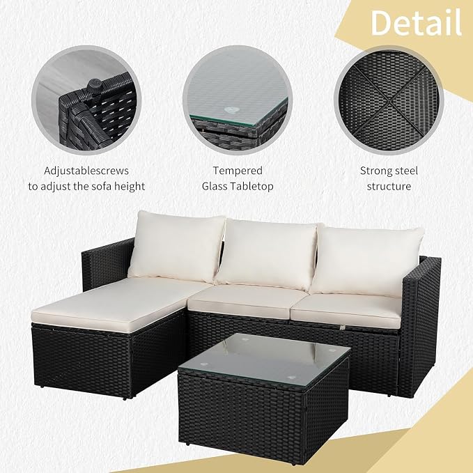 JAMFLY Beige 3-Piece Patio Furniture with Glass Coffee Table for Balcony | All-Weather PE Wicker, Thick Washable Cushions, Modular Conversation Seating for Porch, Deck & Garden