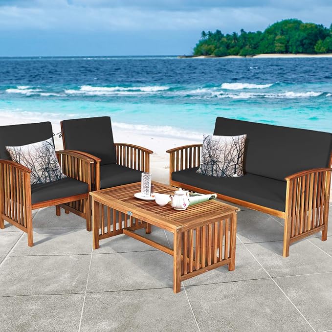 Tangkula Outdoor 4 PCS Acacia Wood Sofa Set w/Water Resistant Cushions, Padded Patio Seating Chat Set w/Coffee Table for Garden, Backyard, Poolside (1, Black)