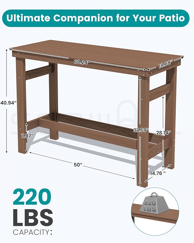 SERWALL 41" Outdoor Bar Table, All Weather HDPE Patio Bar Counter Height Table, Rectangle Patio Bar Table for Outside, Garden, Backyard, Balcony, Poolside, Brown