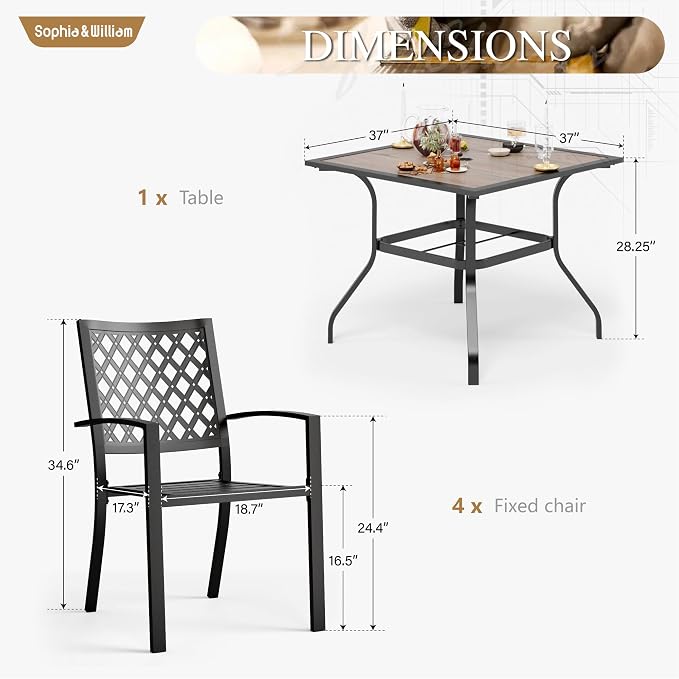 Sophia & William Patio Table and Chairs Set, Outdoor Dining Set for 4, 5 Piece Metal Patio Furniture, 37" Square Table with Wood-Like Tabletop(Geometry)