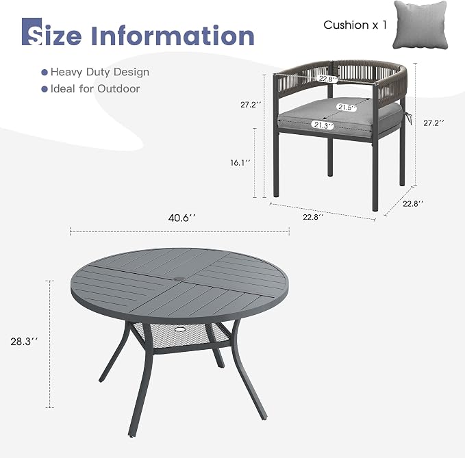 VICLLAX Patio Dining Set, 40.7" Dark Grey Table & 4 Chairs with Grey Cushion