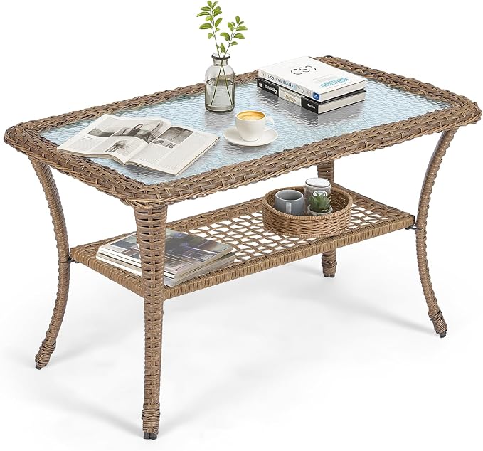 VIVIJASON Outdoor Wicker Coffee Table, All-Weather Rattan Patio Coffee Table with 2-Tier Storage, Tempered Glass Top Rectangle Center Table for Deck, Garden, Balcony, Porch, Indoor or Outdoor Use