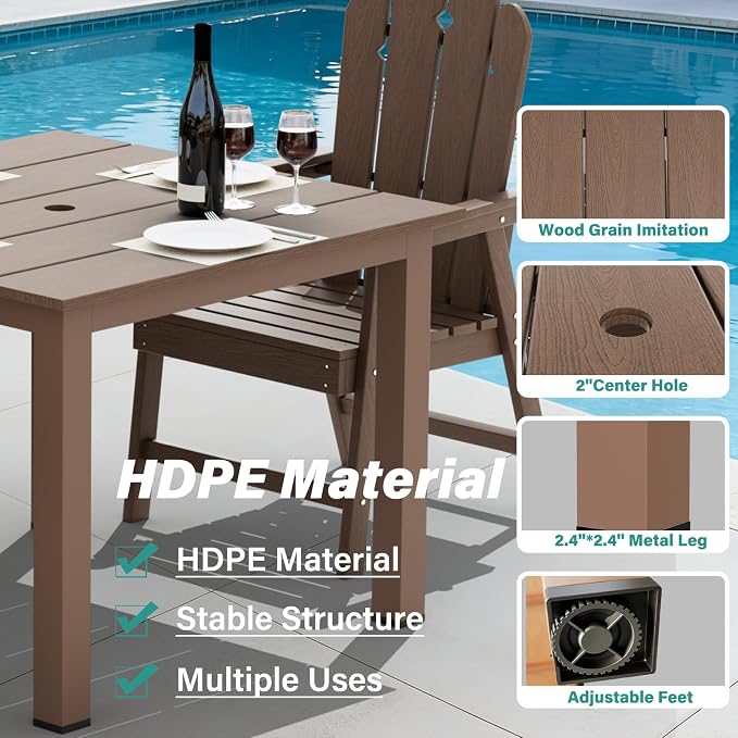 5 Piece Patio Dining Set for 4, HDPE Outdoor Dining Furniture Brown | 4 person patio set, eco-friendly HDPE, Space-saving heat resistant surface, family friendly outdoor dining solution