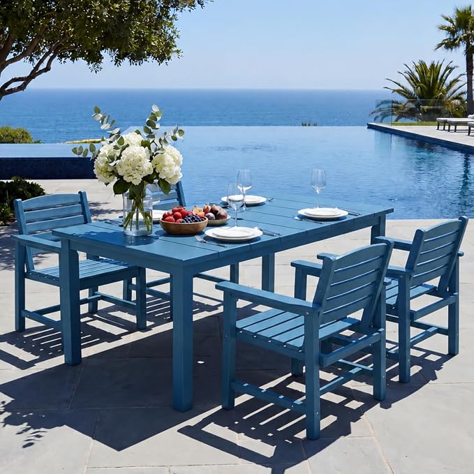 5-Piece Outdoor Dining Set with 75.2" Table for 4,Navy Blue | HDPE material, umbrella hole design, weather-resistant furniture, perfect for garden, lawn, poolside, yard, balcony, deck