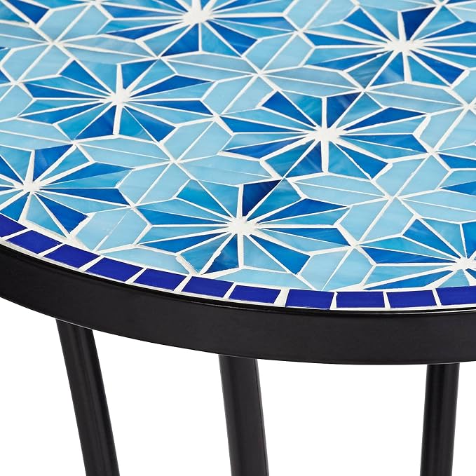 Teal Island Designs Blue Stars Coastal Black Metal Round Outdoor Accent Side Tables 14" Wide Set of 2 Mosaic Tile Tabletop Gracefully Curved Legs for Spaces Porch Patio Home House Balcony Deck Shed