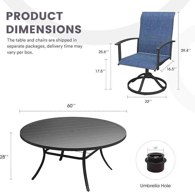 9 Pieces Outdoor Patio Dining Table Set, 60" All Weather Round Metal Table with Umbrella Hole and 8 High Back Textilene Swivel Chairs for Garden, Lawn, Poolside, Black Table & Blue Chairs