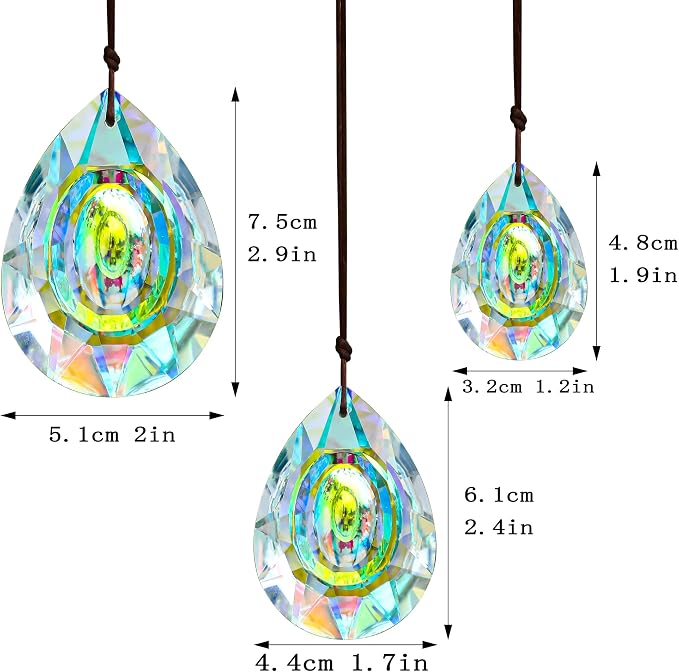 Window Hanging Crystal Prisms Sun Catcher AB Coating Rainbow Maker Glass Prisms Hanging Suncatcher Pendant for Home Garden Decor,76mm/63mm/50mm Chandelier Prism Parts, Pack of 3 | AB Coating Crystal Prism Suncatcher Set 3 Sizes for Chandelier Window Ga...