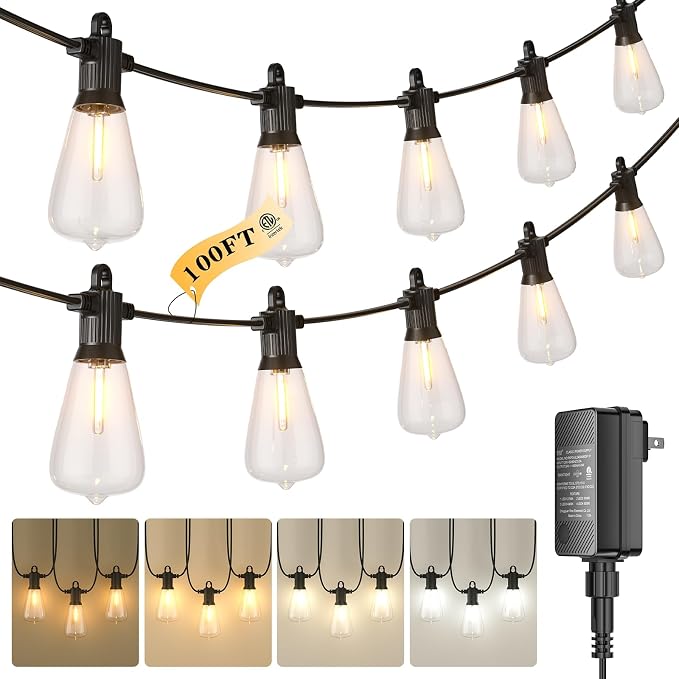 Kawaya Outdoor String Lights for Patio - ST38 Outside IP65 Waterproof Hanging Light with 2700k~6000k Dimmable - 100FT Led Edison Lights for Cafe Bistro Yard Gazebo Porch