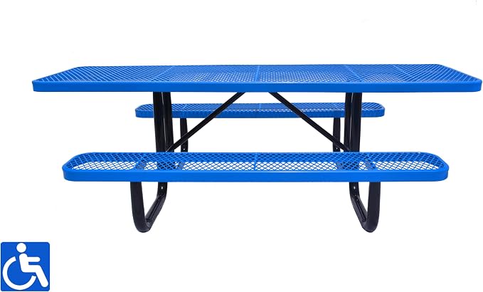 Heavy Duty ADA Outdoor Picnic Table, Expanded Metal, Wheelchair Accessible (Blue, 96)