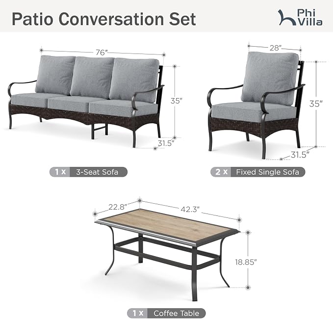 PHI VILLA Outdoor Modern Patio Furniture Set, Upgraded Wicker & Metal Patio Furniture Conversation Set with Waterproof Thick Cushions for Porch, Poolside, Yard (4 Pieces,Grey)