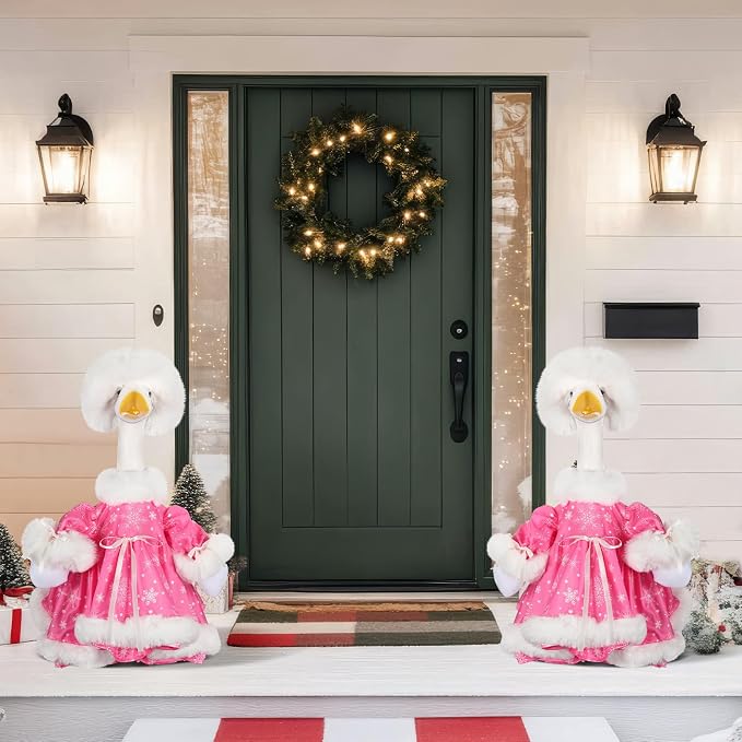 Suzile Pink Christmas Porch Goose Outfit Clothes for 23" High Cement or Plastic Goose Costume for Yard Lawn Outdoor Garden Patio Geese Statue Dresses Winter Xmas Santa Holiday Decor