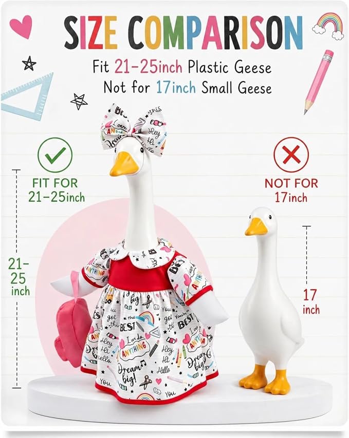 Back to School Porch Goose Outfit with Tote Bag & Bow, 23" Lawn Cement Goose Clothes for School Classroom, Patio Yard Garden Geese Decoration Gift for Mom Grandma