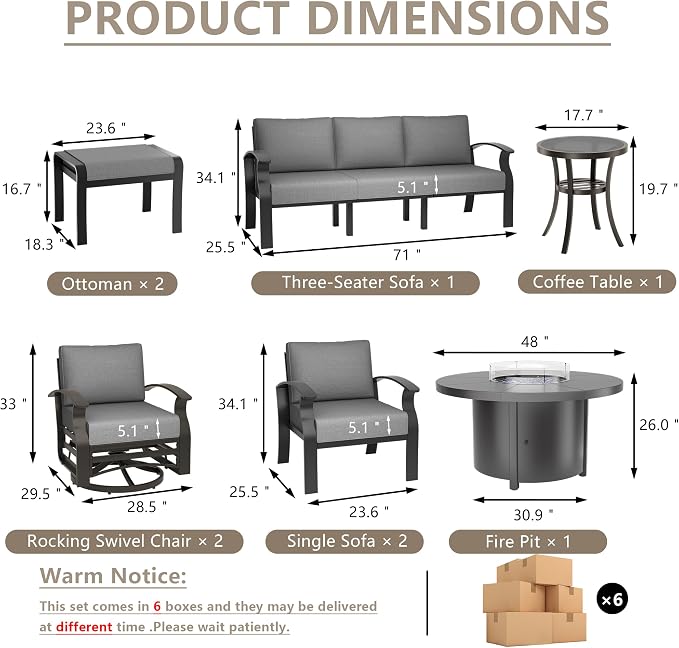 ALAULM Aluminum Patio Furniture Set with Coffee Table Rectangular, 5-seat Outdoor Sectional Furniture w/2 Swivel Chairs, Patio Conversation Set for Porch, Backyard, Poolside-Grey