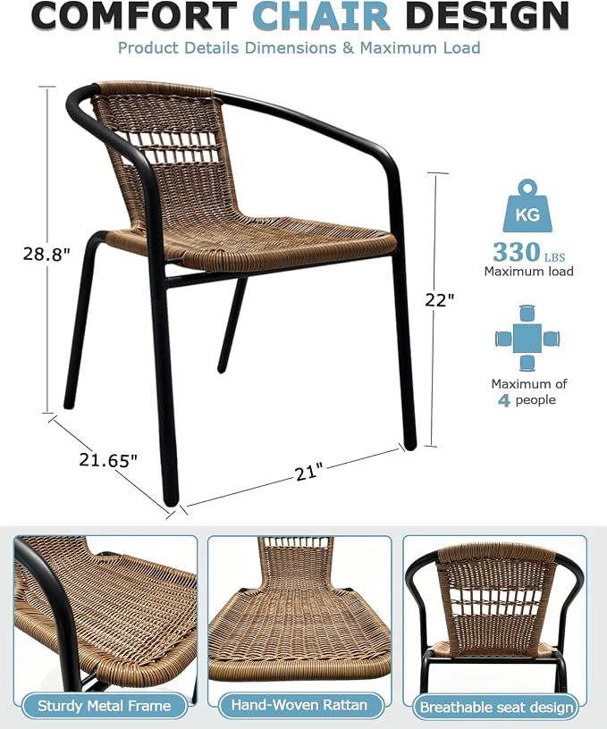 5 Piece Outdoor Dining Set, Stackable Brown Patio Rattan Chairs with Metal Table, All-Weather Wicker Patio Furniture Set for Backyard, Poolside, Garden, Bistro