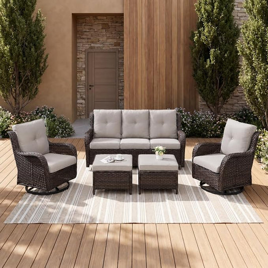 Rilyson Wicker Patio Furniture Set - 5 Piece Rattan Outdoor Sectional Conversation Sets with 2 Rocking Swivel Chairs,2 Ottomans and 1 Sofa for Porch Deck Garden(Brown/Beige)