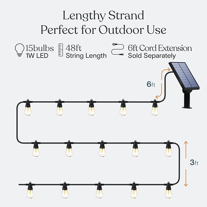 Brightech Ambience Pro Solar String Lights, Commercial Grade 48 ft | Outdoor String Lights, Waterproof Patio Lights, 15 Shatterproof LED Edison Bulbs for Outside & Porch, 1W Soft White