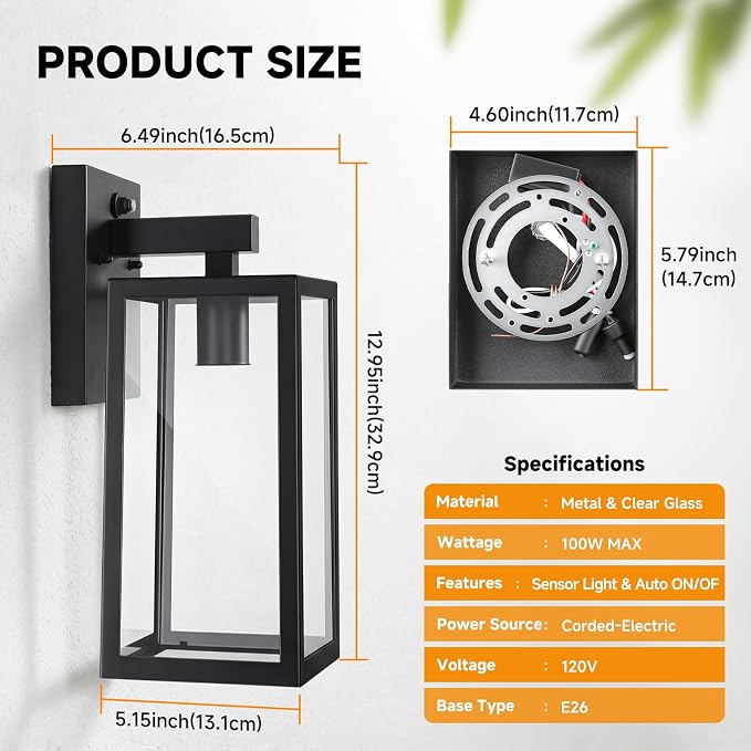 SHINE HAI Dusk to Dawn Sensor Outdoor Wall Sconce, Exterior Porch Lantern Fixture with E26 Socket & Glass Shade, Waterproof Wall Mount Lighting for Patio Front Door Entryway