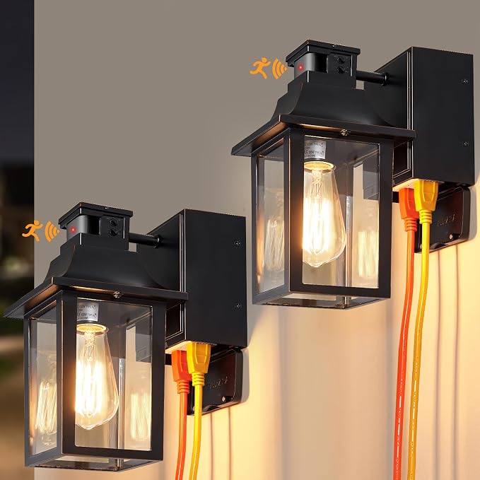 Porch Lights with GFCI Outlet,Dusk to Dawn Motion Sensor Outdoor Lights | 3 Light Modes Black Front Door Lights,Waterproof Outside Wall sconces for House,Patio,Garage, Bulb not Included(2 Pack)