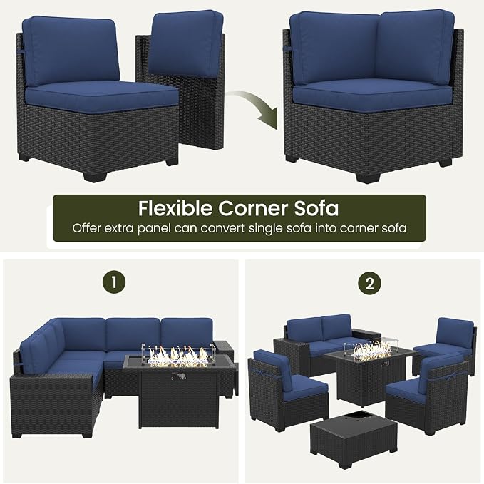 LayinSun 7 Pieces Outdoor Patio Furniture Set with 44" Fire Pit Table Rattan Sectional Sofa Conversation Sets