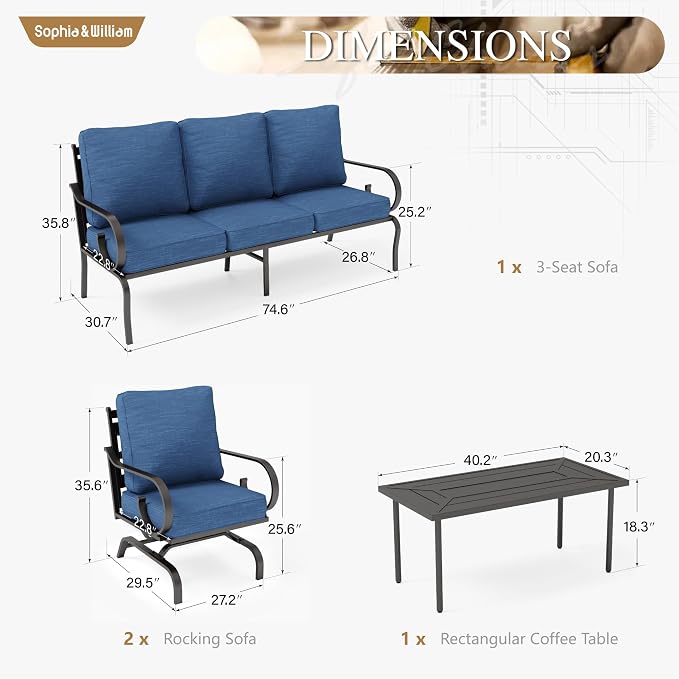 Sophia & William Patio Conversation Set for 5, 3-Seater Sofa, 2 Rocking Chairs and a Coffee Table, Metal Outdoor Furniture with 5.75" Extra Thick Cushions, Navy