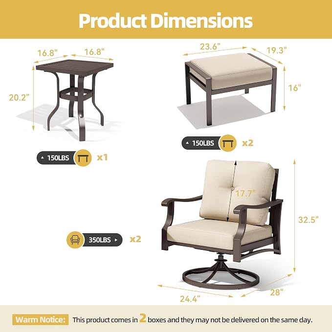 Outdoor Swivel Rocker Chairs w/2 Ottomans, Coffee Table, 5 Piece Metal Patio Conversation Bistro Set with 5" Thickened Cushions, Aluminum Frame for Porch, Backyard, Balcony, Beige