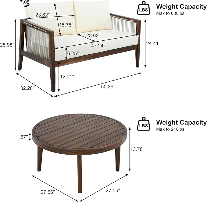 Christopher Knight Home Lalulu 4-Seater Patio Furniture Set with Cushion, 4 Piece Outdoor Acacia Wood Conversation Set, Sold Wood Outdoor Sectional Sofa Set with Coffee Table, Dark Brown+Beige