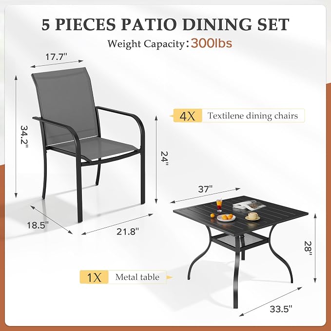 Incbruce 5 Pieces Patio Dining Set, Outdoor Dining Set of 4 Textilene Chairs and Square Table with Umbrella Hole for Backyard, Garden, and Poolside (Grey)