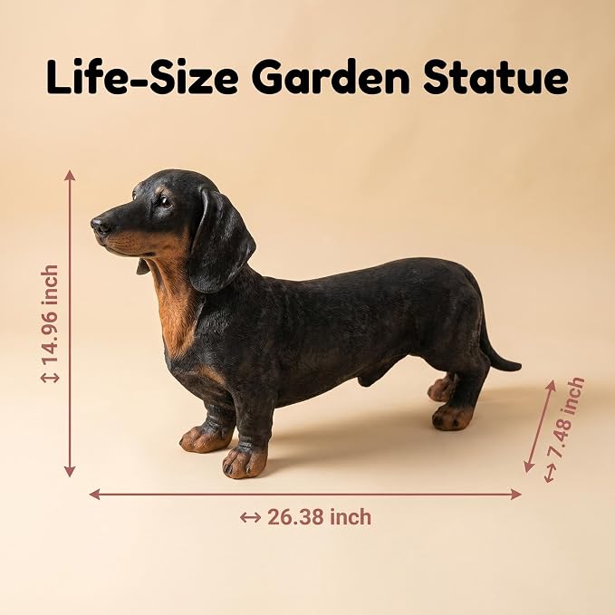 26.38" Black & Tan Dachshund Statue | Realistic Resin Dog Garden Decor, Outdoor Gardens, Sturdy Base
