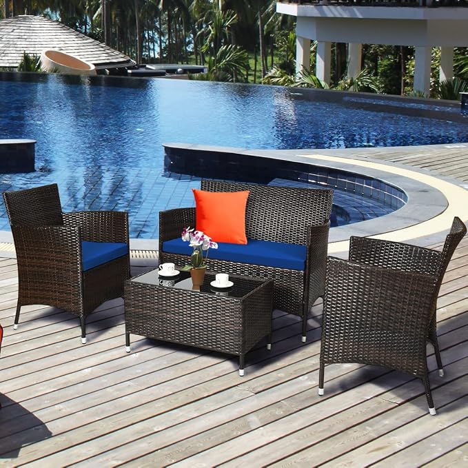 COSTWAY 4PCS Rattan Patio Furniture Set | Outdoor Wicker Rattan Chairs with Coffee Table, Rattan Cushioned Conversation Set for Backyard Balcony Porch Poolside, Navy