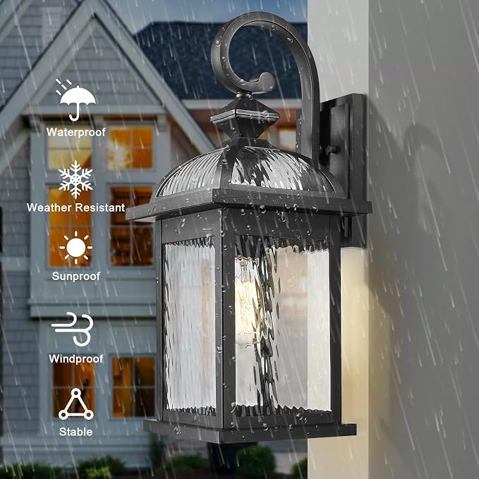 Darkaway Outdoor Lights Fixture Wall Mount, Large 22inch Exterior Wall Light with Water Ripple Glass Waterproof Black Outside Wall Sconce for House Porch Hallway Garage
