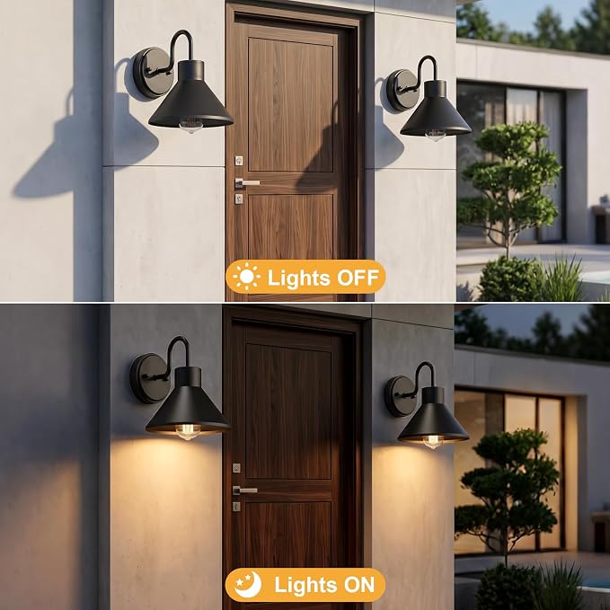 Lamomo 2-Pack Gooseneck Outdoor Barn Light, Black Wall Sconces Waterproof | 8" Vintage Farmhouse Exterior Lighting Fixture, Outside Rustproof Porch Light Outdoor for House Garage Entryway Patio Shed