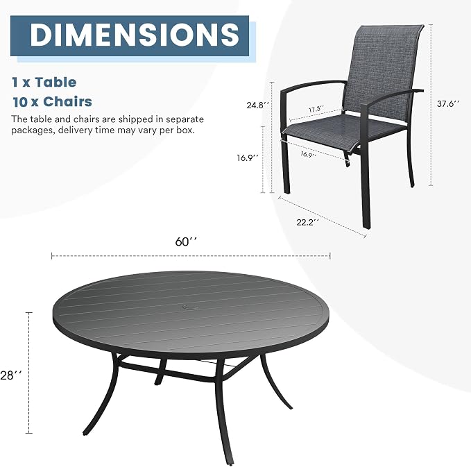 DIFY 11 Pieces Outdoor Dining Set for 10, 60" Round Dining Table with Umbrella Hole and Textilene Stackable Patio Chairs, Metal Patio Table and Chairs Set for Garden Backyard Poolside, Black