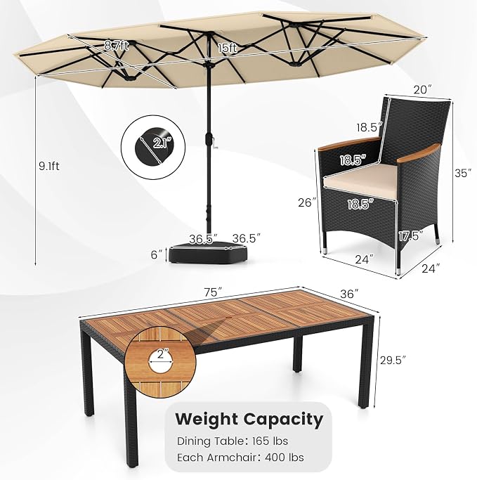Tangkula 11 Piece Patio Wicker Dining Set w/Double-Sided Patio Umbrella, 8 Stackable Cushioned Chairs, 71" Acacia Wood Dining Table & 15 ft Umbrella with Weighted Base (Beige + Off White)