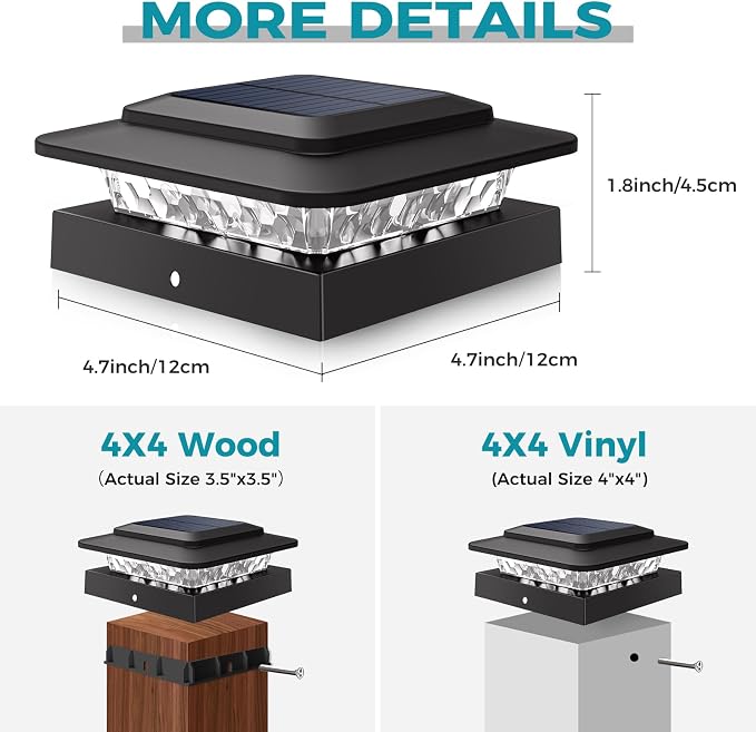 kolpop 4x4 Solar Post Cap Lights Outdoor 12Pack- 3 Color Temperatures& 2 Level Brightness, IP65 Waterproof, 16 LED Black Fence Deck Post Light Solar Powered Only for 4×4/3.5×3.5 Wood/Vinyl Posts