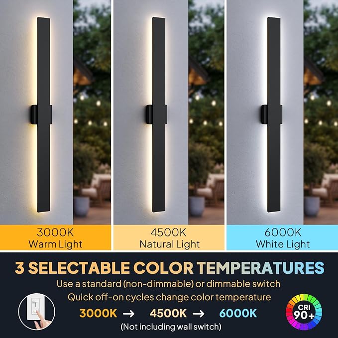 2 Pack LED Outdoor Wall Sconce Dimmable, 3000K 4500K 6000K, 47.2" Modern Black Linear Exterior Lighting Fixtures, IP65 Waterproof Outside Lights for Entrance, Hallway, Garage, Porch