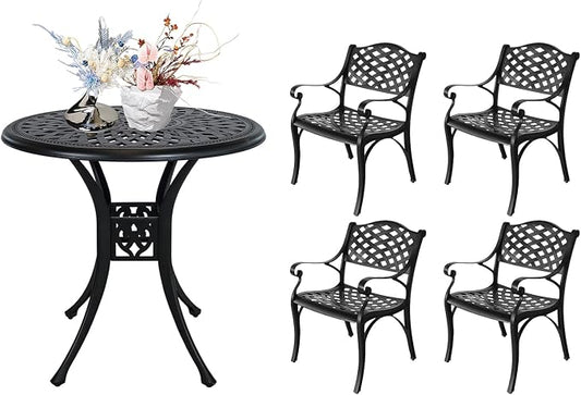 5 Piece Patio Dining Set, All Weather Cast Aluminum Outdoor Dining Table and Chairs Set of 4, Patio Furniture Conversation Set with 4 Chairs and 30.31" Round Table, 2.36" Umbrella Hole