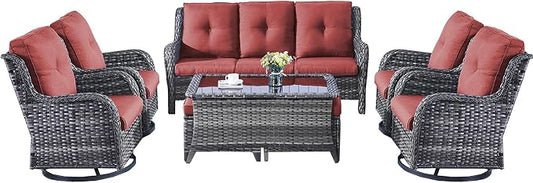 Rilyson Patio Furniture Swivel Chairs Set - 8 PC Wicker Rattan Outdoor Sectional Conversation Sets with 4 Swivel Rocking Chairs,2 Ottomans,1 Sofa and 1 Coffee Table for Porch Deck(Mixed Grey/Red)